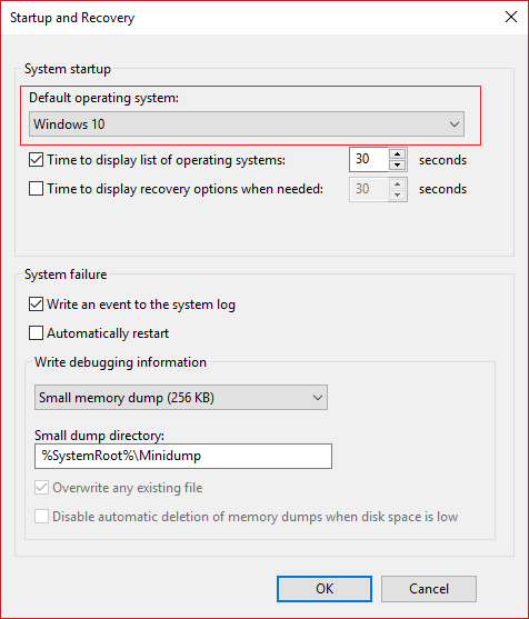 Seleccione Windows 10 en el menú desplegable Sistema operativo predeterminado
