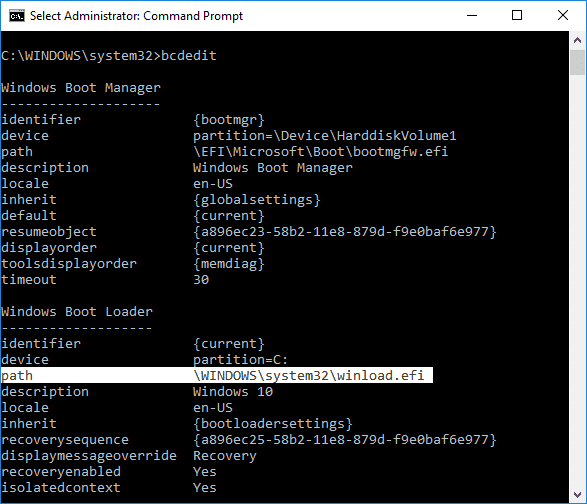 Escriba bcdedit en cmd, luego desplácese hacia abajo hasta la sección del cargador de arranque de Windows y luego busque la ruta