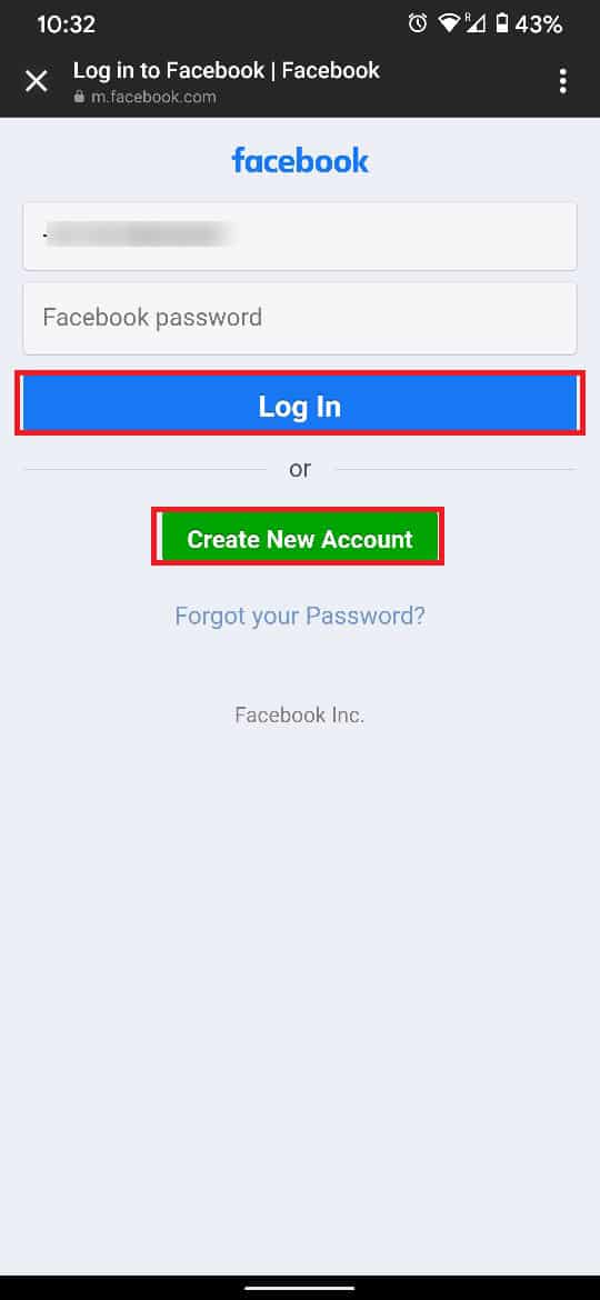 Ingrese los datos de inicio de sesión de Facebook | Reparar acción bloqueada en error de Instagram