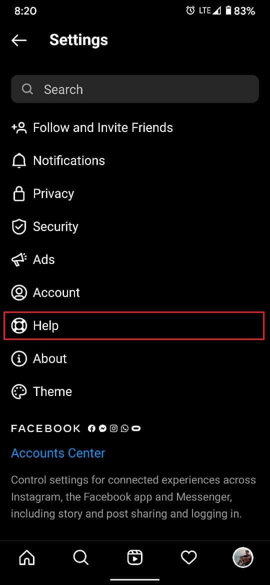 Desde la configuración de la aplicación, seleccione Ayuda | Reparar acción bloqueada en error de Instagram