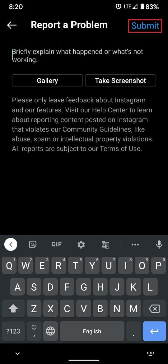 Explique su problema y toque enviar | Reparar acción bloqueada en error de Instagram