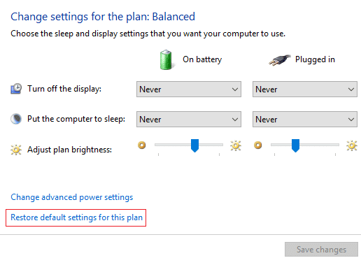 haga clic en Restaurar configuración predeterminada para este plan