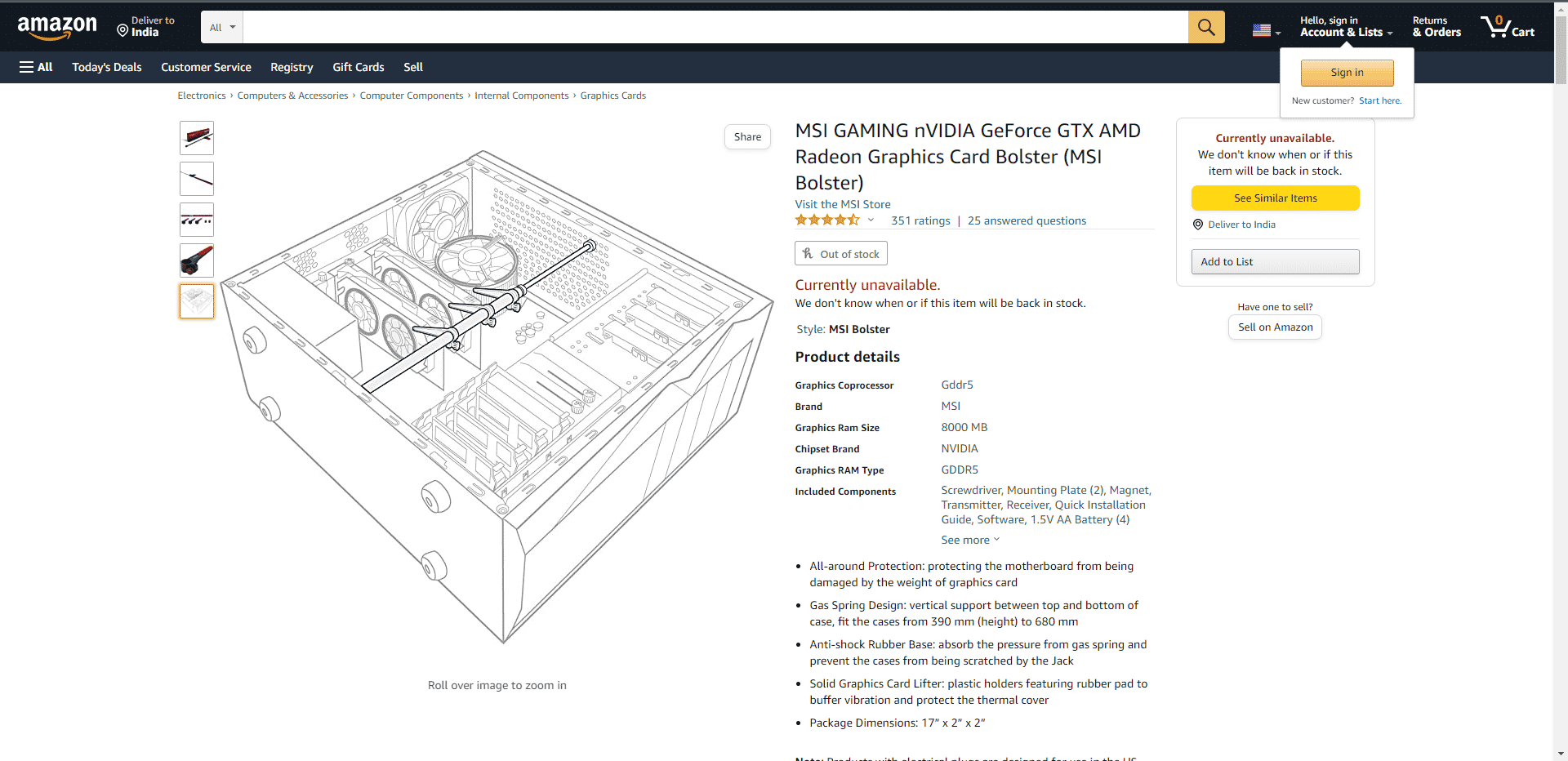 Tarjeta gráfica para juegos MSI Bolster página web de Amazon. 8 Mejor soporte de soporte de GPU