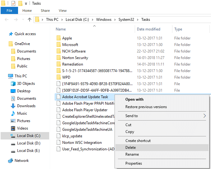 Haga clic con el botón derecho en la tarea de actualización de Adobe Acrobat en la carpeta de tareas del sistema 32