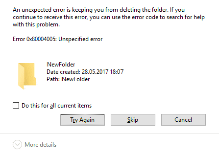 Arreglar el código de error 0x80004005: error no especificado en Windows 10