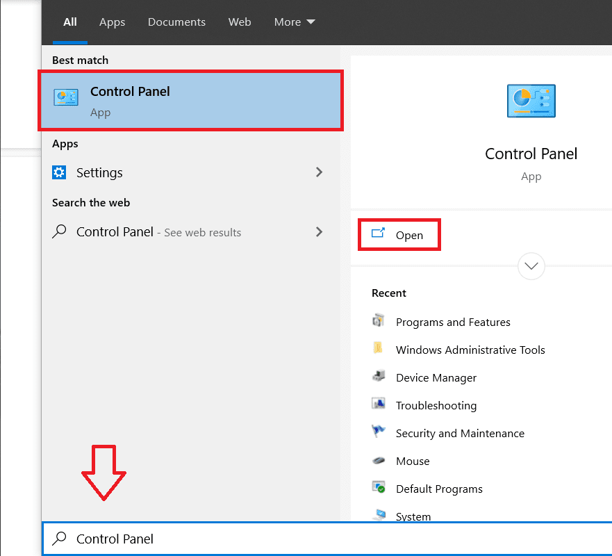 Presione la tecla de Windows y busque el Panel de control y haga clic en Abrir