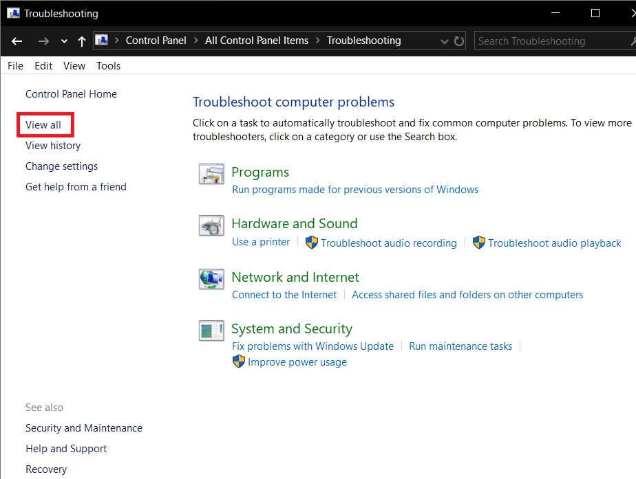 Haga clic en Ver todo presente en el panel izquierdo | Arreglar el código de error 0x80004005: error no especificado en Windows 10