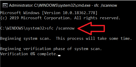 Escribe la línea de comando sfc /scannow y presiona enter | Arreglar el código de error 0x80004005: error no especificado en Windows 10