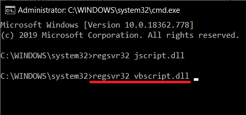 Ahora, escriba regsvr32 vbscript.dll y presione enter