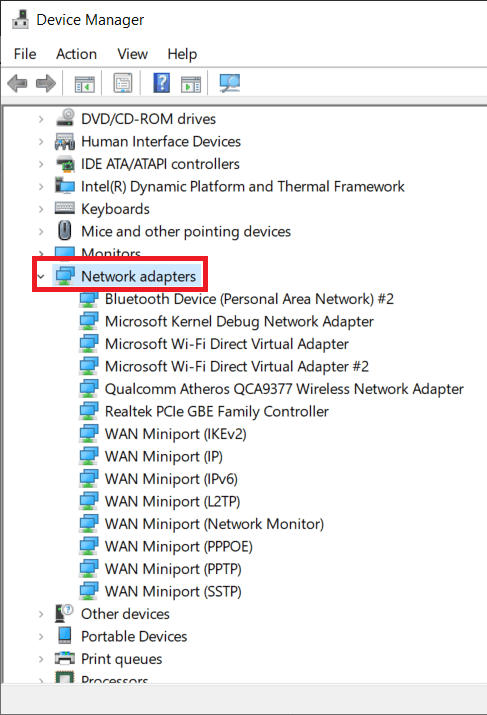 Haga doble clic en Adaptadores de red o haga clic en la flecha al lado | Cómo reparar el error 0x80004005 en Windows 10