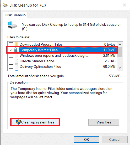 Haga clic en Limpiar archivos del sistema | Cómo reparar el error 0x80004005 en Windows 10