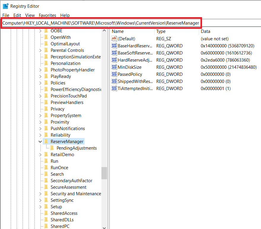 Seguir rutas HKEY_LOCAL_MACHINESOFTWAREMicrosoftWindowsCurrentVersionReserveManager
