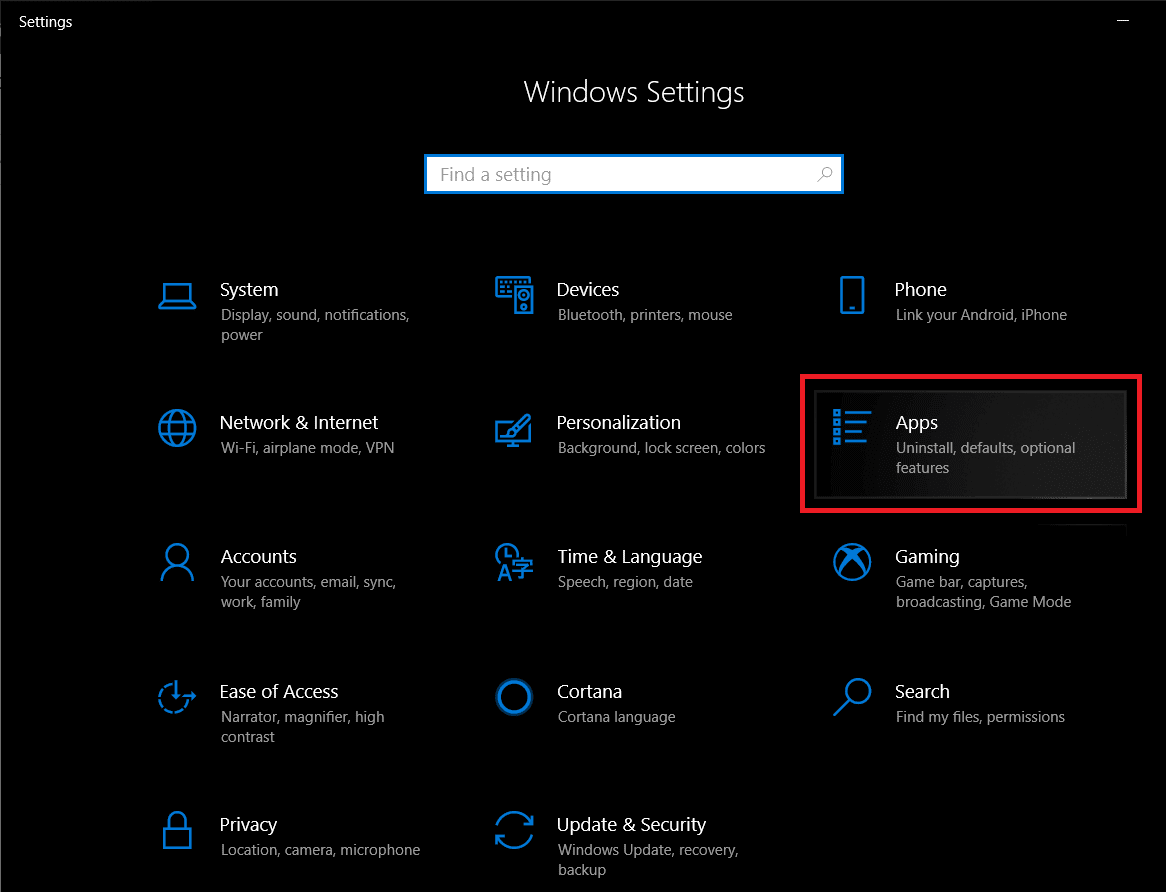Abra Configuración de Windows y haga clic en Aplicaciones