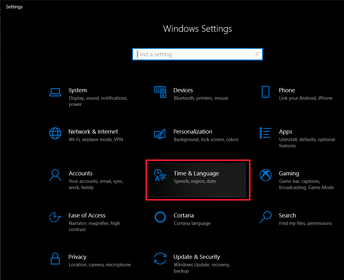 En la ventana Configuración de la ventana, haga clic en Hora e idioma