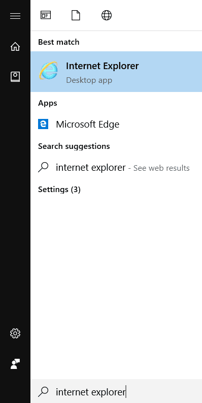 Al hacer clic en el botón Inicio en la esquina inferior izquierda, escriba Internet Explorer