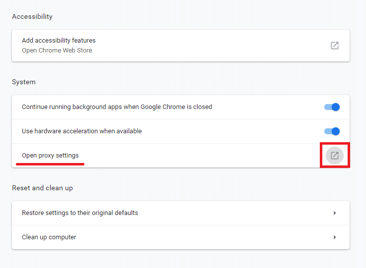 Abra Configuración de proxy en Configuración de Google Chrome | Reparar El dispositivo o recurso remoto no aceptará el error de conexión