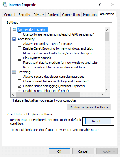 restablecer la configuración de Internet Explorer | Reparar El dispositivo o recurso remoto no aceptará el error de conexión