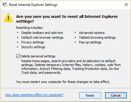 En la ventana Restablecer configuración de Internet Explorer, marque la opción Eliminar configuración personal