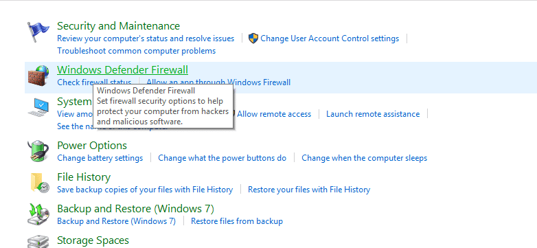 En Sistema y seguridad, haga clic en Firewall de Windows Defender