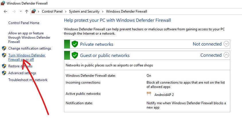 Haga clic en Activar o desactivar Firewall de Windows Defender | El dispositivo o recurso remoto no aceptará la conexión