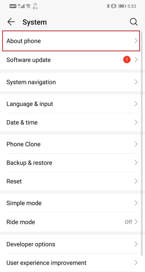 Toca la opción Acerca del teléfono | Solucionar problemas comunes con WhatsApp en Android