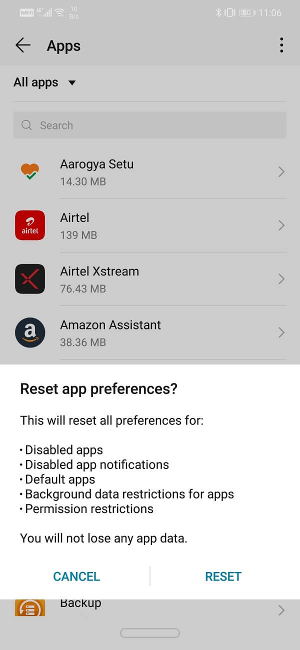 Haga clic en la opción Restablecer