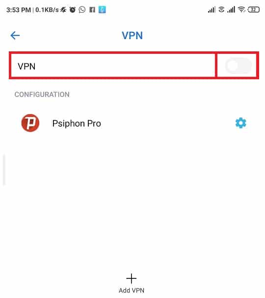 Haga clic en la VPN y luego desactívela apagando el interruptor junto a VPN.