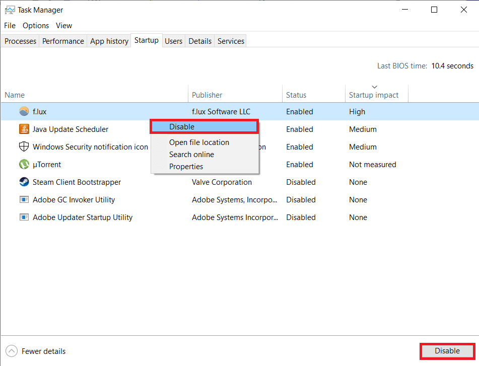Haga clic derecho en una aplicación y seleccione Desactivar |  Arreglar el menú contextual del clic derecho lento en Windows 10