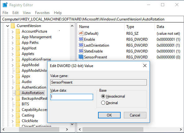 Si hay SensorPresent DWORD, haga doble clic en él y establezca su valor en 1