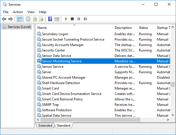 Busque la opción Servicios de monitoreo de sensores y haga doble clic en ella