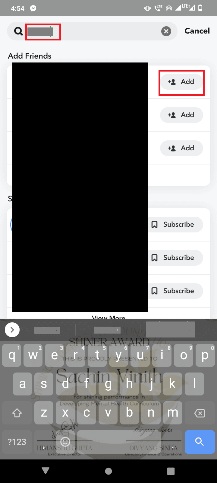 Ahora puede agregar las personas que está buscando tocando Agregar junto a la identificación de la persona.  Cómo encontrar a alguien en Snapchat sin su nombre de usuario