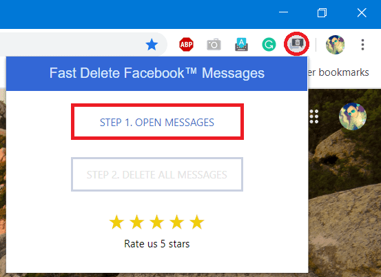 haga clic en el ícono de la extensión Facebook Fast Delete Messages y luego haga clic en abrir mensajes