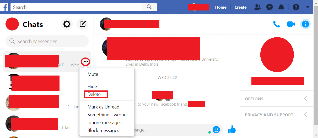 Pasa el cursor sobre el chat y luego haz clic en el ícono de tres puntos.  Luego presione la opción 