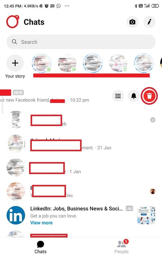 Toque el icono de la papelera de reciclaje en el círculo rojo en el lado derecho de la pantalla.