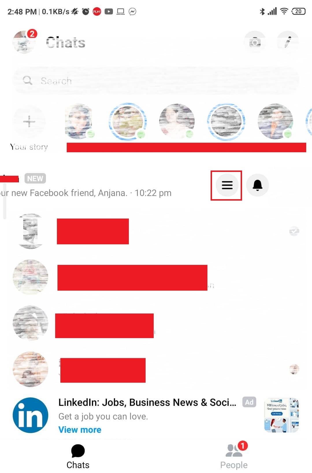 Mantenga presionada cualquier conversación específica que desee archivar.  Toque el icono de tres líneas horizontales.
