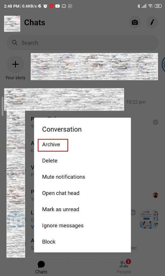 Aparecerá una ventana emergente, seleccione la opción Archivar.  Sus mensajes serán archivados.