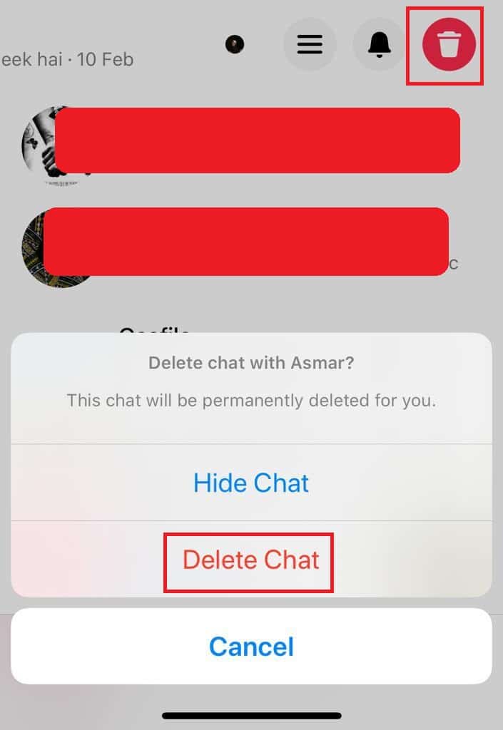 Toque y mantenga presionada la conversación que desea eliminar.  Ahora, toque el icono de tres líneas horizontales.  Luego seleccione Eliminar.