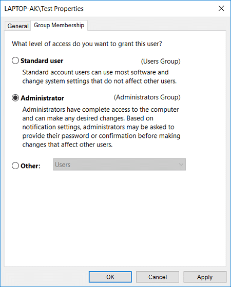 Cambie a la pestaña Membresía del grupo y luego elija Usuario estándar o Administrador