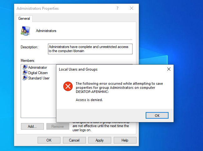 Los usuarios estándar no pueden realizar cambios en el grupo de usuarios