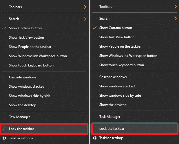 Desde ese menú, asegúrese de que la opción Bloquear la barra de tareas no esté marcada. Si no es así, desmárquelo haciendo clic en él.