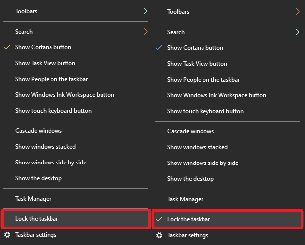 Por otra parte, haga clic derecho en cualquier parte del área en blanco de la barra de tareas. Haga clic en la opción Bloquear la barra de tareas en el menú contextual.