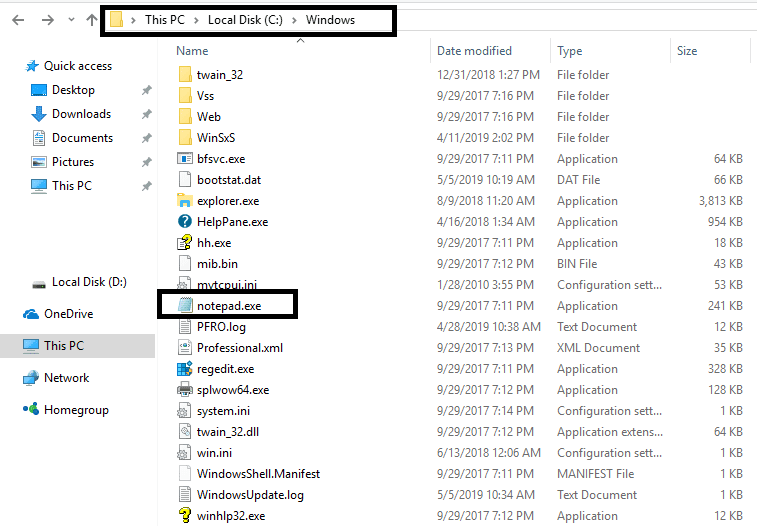 Localice el archivo notepad.exe.  Haga doble clic en él para abrir el Bloc de notas |  ¿Dónde está el BLOC DE NOTAS en Windows 10?