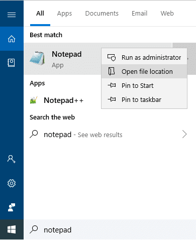 Haga clic derecho en el Bloc de notas y elija Abrir ubicación de archivo |  ¿Dónde está el BLOC DE NOTAS en Windows 10?