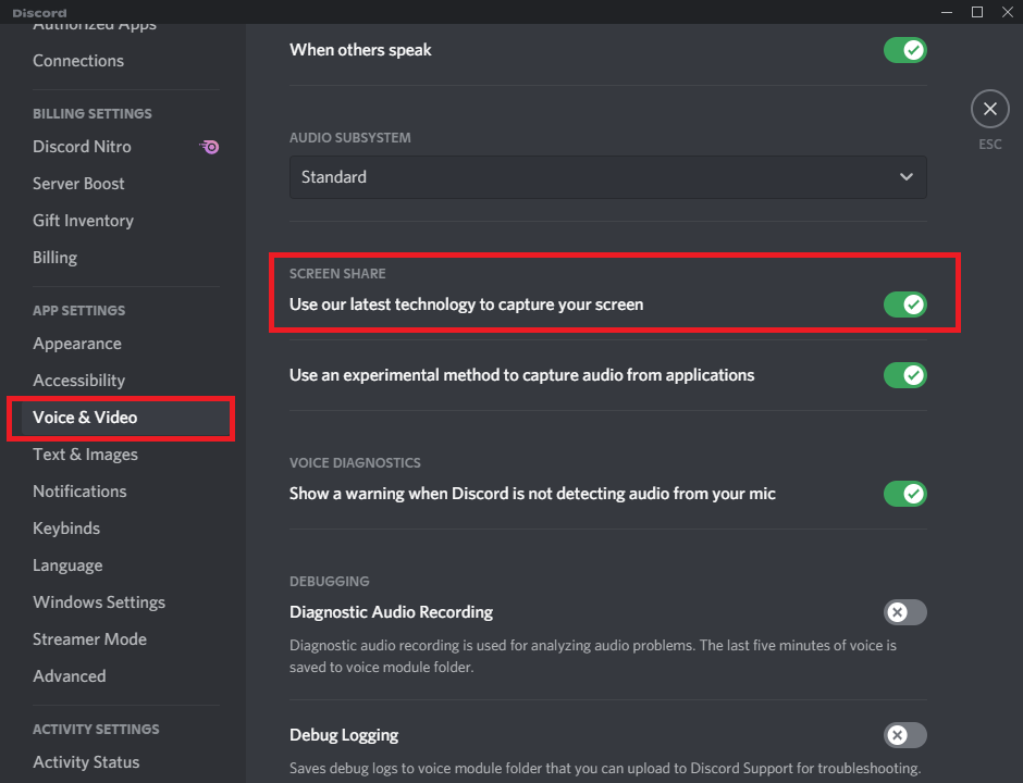 active la configuración, use nuestra última tecnología para capturar su pantalla.  Arreglar Discord Go Live que no aparece