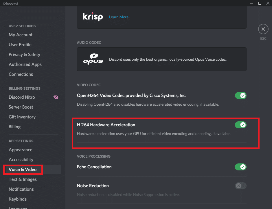 navegue por el menú Aceleración de hardware y active la configuración.  Arreglar Discord Go Live que no aparece