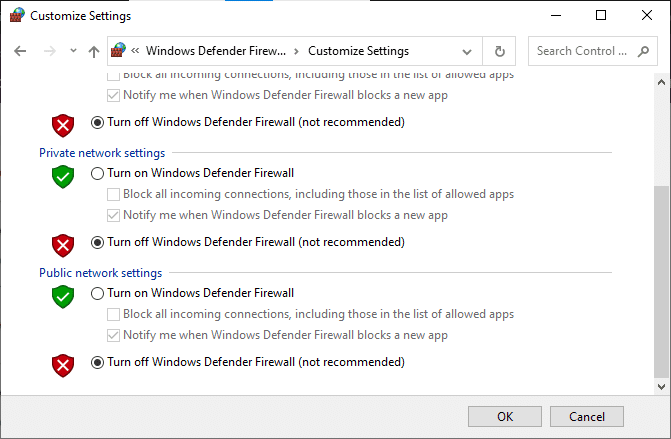Ahora, marque las casillas; apague el Firewall de Windows Defender. Cómo arreglar la instalación de Windows 10 atascada en un problema del 46 por ciento