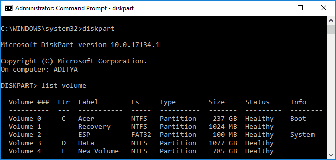 Escriba diskpart y enumere el volumen en la ventana cmd