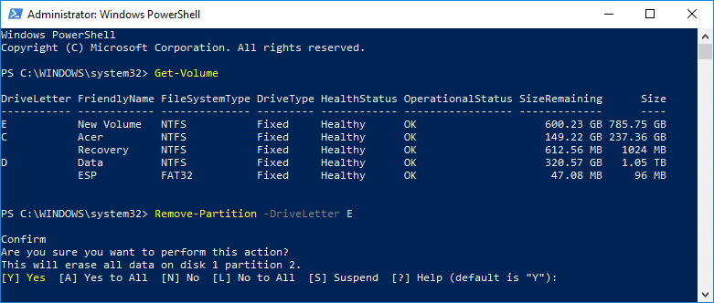 Elimine un volumen de disco o una partición en PowerShell Remove-Partition -DriveLetter 