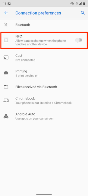Encuentre la entrada NFC en las preferencias de conexión