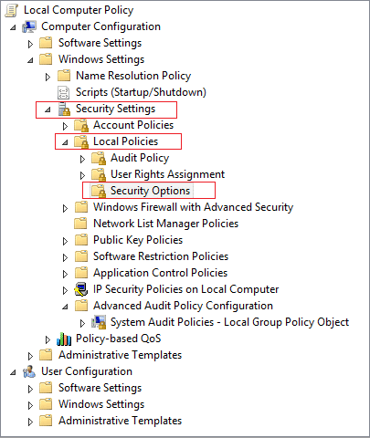Vaya a Configuración de seguridad > Políticas locales > Opciones de seguridad en secpol.msc